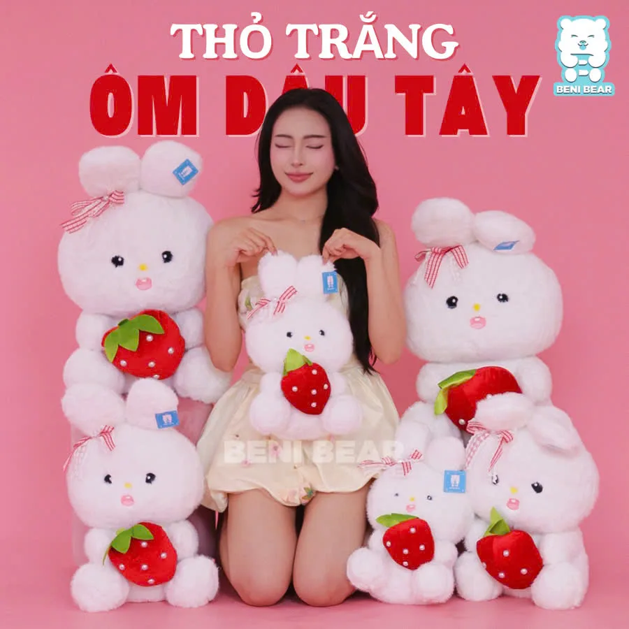 Gấu bông Thỏ Trắng Ôm Dâu Tây cực đáng yêu với thiết kế mềm mại, ôm cực thích – Beni Bear