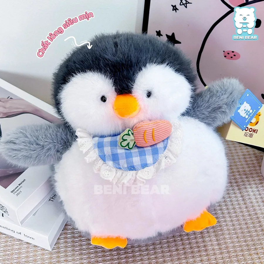 Jooki Cánh Cụt Đeo Yếm chất lông siêu mịn, đeo yếm caro xanh trắng thêu cà rốt