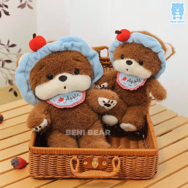 Cặp gấu bông chó baby táo đỏ đội mũ xanh có quả táo, dáng ngồi bụ bẫm đáng yêu