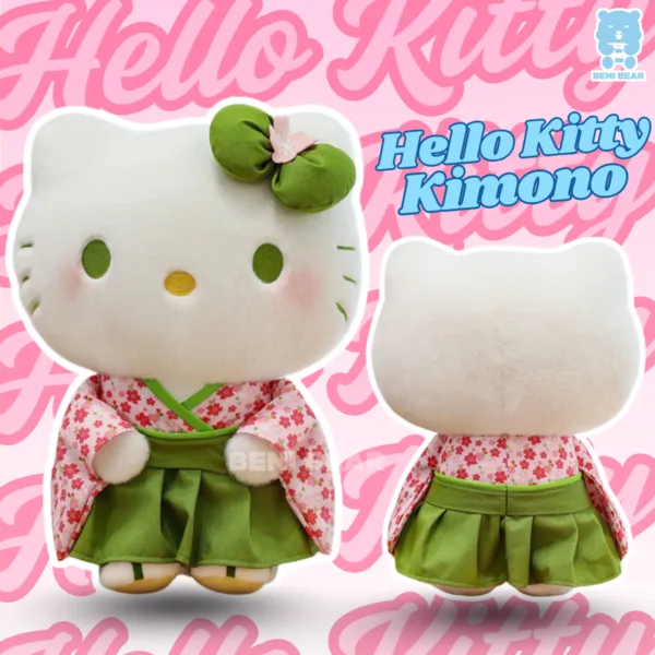 Gấu bông Hello Kitty mặc váy kimono hồng hoa anh đào, đeo nơ xanh dễ thương