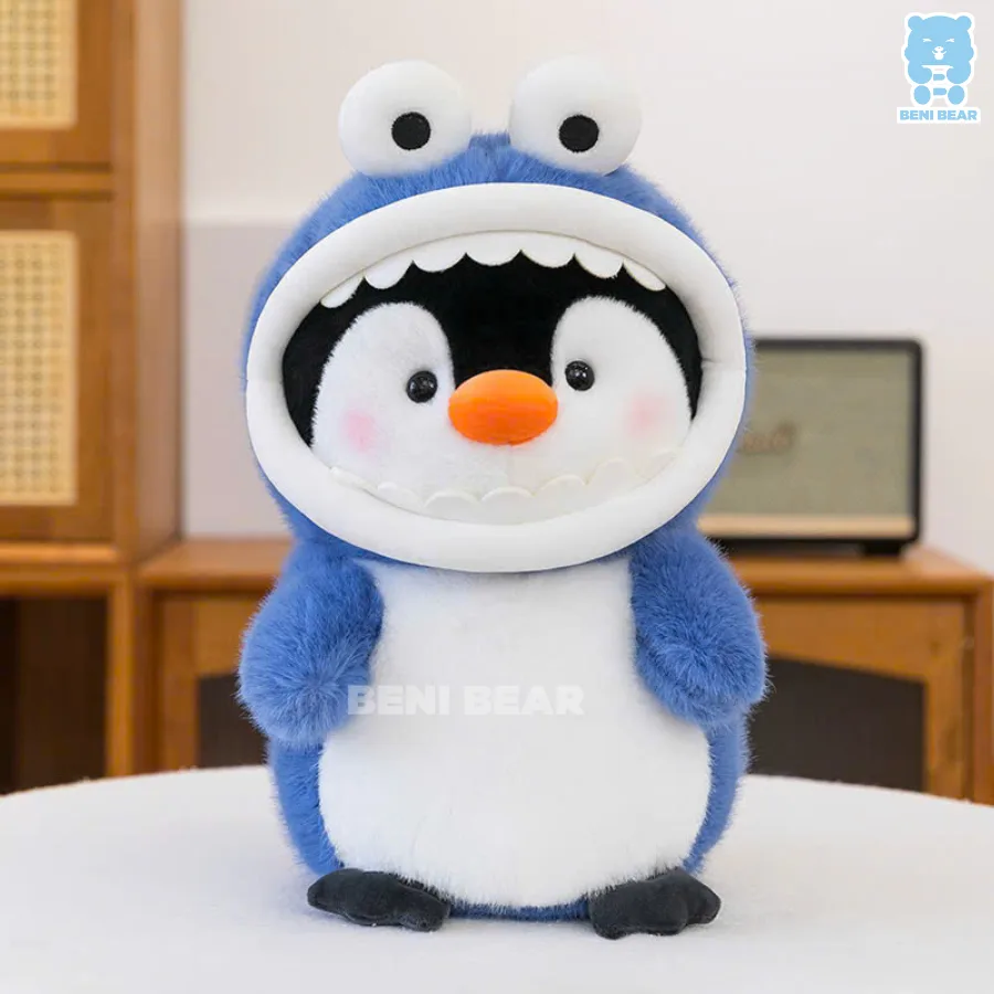 Gấu bông cánh cụt cosplay cá mập màu xanh đáng yêu, dáng ngồi ú nu, má hồng siêu cưng