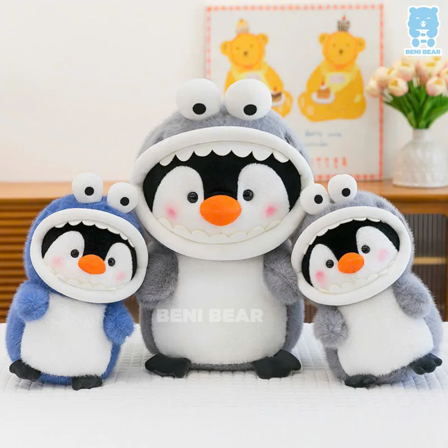 Bộ 3 gấu bông cánh cụt cosplay cá mập đủ size 40-60cm, tạo dáng đáng yêu như một gia đình nhỏ