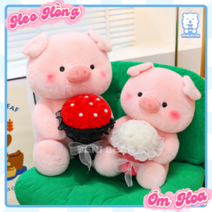 Gấu Bông Độc Đáo: Heo má hồng, ôm bó hoa xinh, nhìn là yêu ngay.