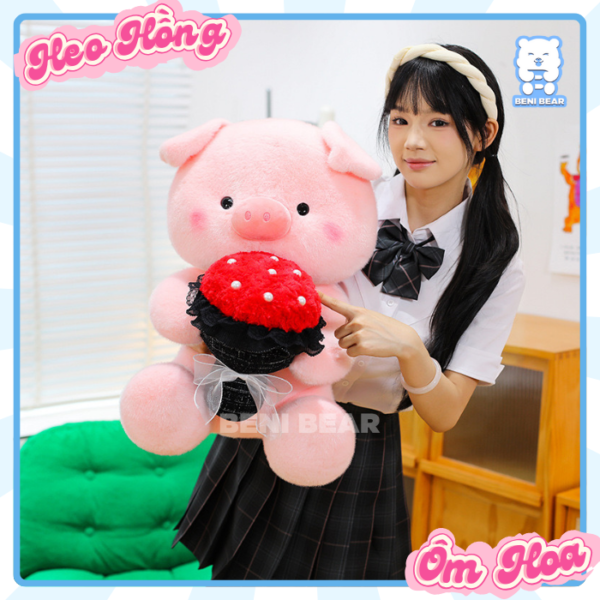 Gấu Bông Heo Hồng Ôm Hoa: Ôm trọn yêu thương, thích hợp làm quà tặng bất ngờ.