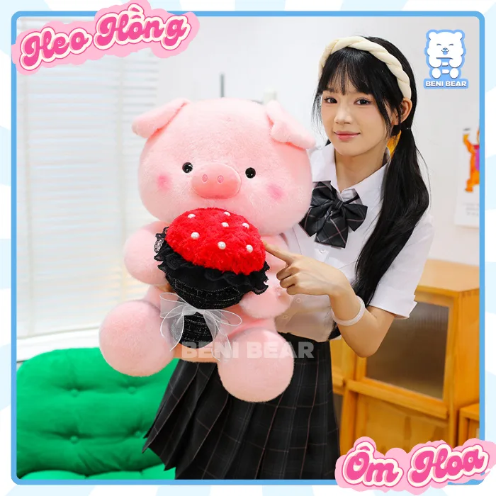 Gấu Bông Heo Hồng Ôm Hoa: Ôm trọn yêu thương, thích hợp làm quà tặng bất ngờ.