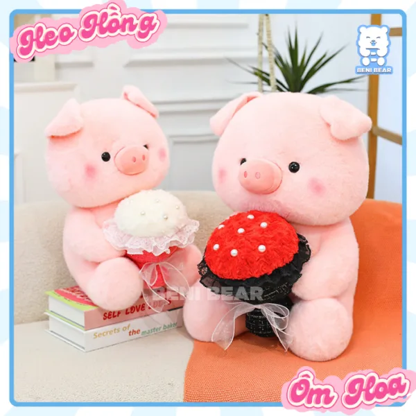 Gấu Bông Heo Hồng Ôm Hoa: Ôm trọn yêu thương, thích hợp làm quà tặng bất ngờ.