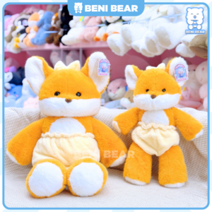 Bộ đôi gấu bông Cáo Baby Mặc Bỉm size lớn và nhỏ, màu vàng.