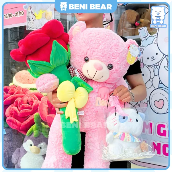 Bông hoa hồng nơ vàng cùng với chú gấu teddy là combo siêu yêu