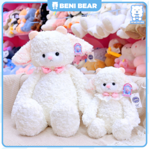 Hai gấu bông Cừu Trắng Yếm Nơ, kích cỡ lớn và nhỏ, màu trắng hồng.