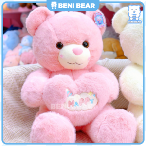 Gấu Teddy Ôm Tim Happy màu hồng, má hồng, siêu mềm mịn ôm cực thích.
