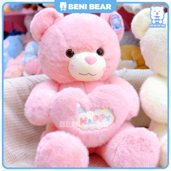 Gấu Teddy Ôm Tim Happy màu hồng, má hồng, siêu mềm mịn ôm cực thích.