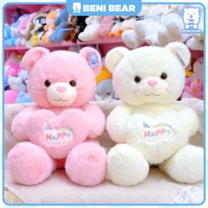Gấu Teddy Ôm Tim Happy 2 màu hồng và trắng ôm trái tim cực xinh.