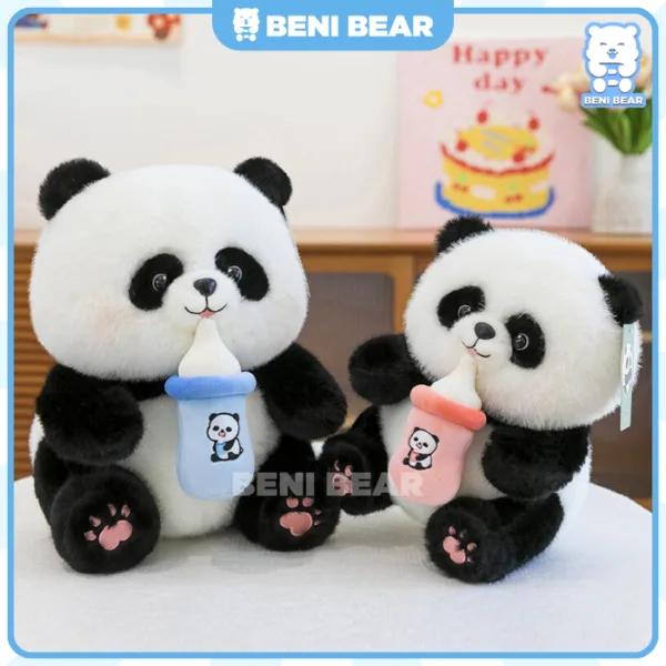 Cặp Gấu trúc bông ngậm bình sữa xanh và hồng, món quà yêu đáng yêu.